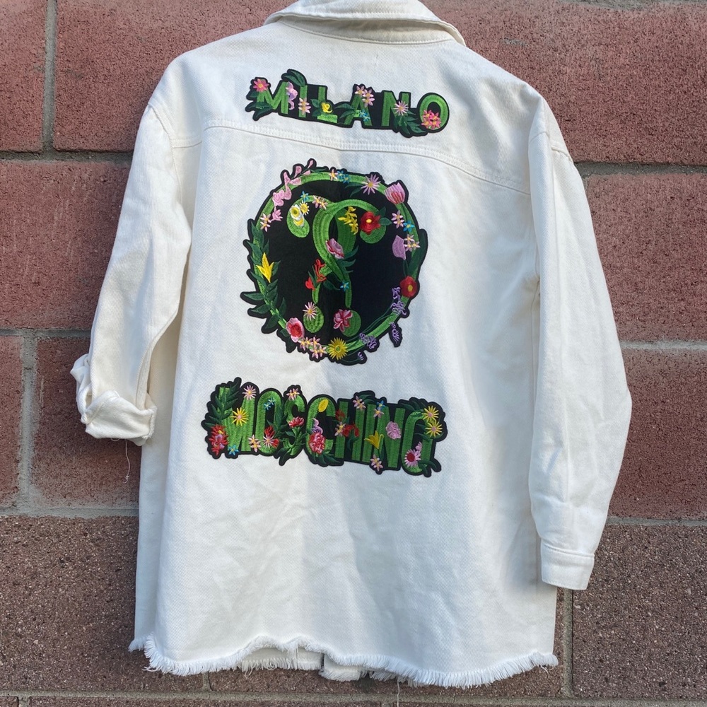 Shein Milano Moschino patch Bee Beaded Work white  jean jacket size XSmall